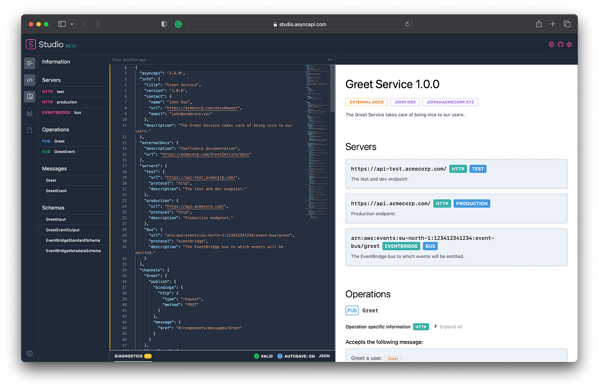 AsyncAPI Studio showing an example service.