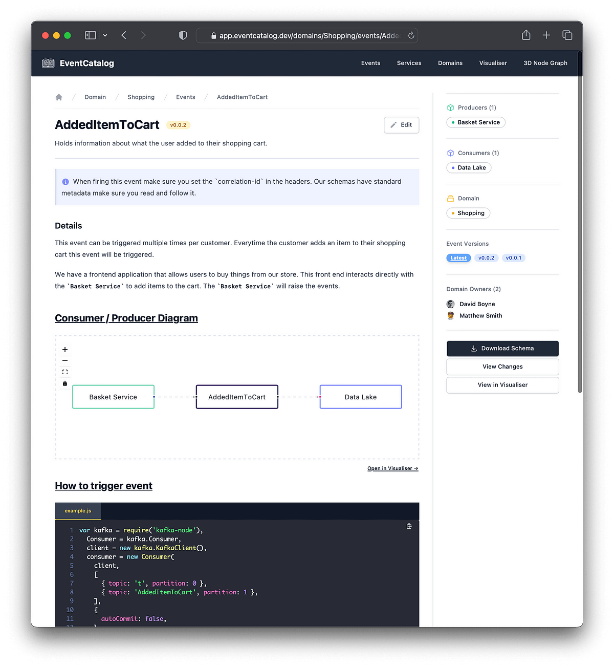 An example of an entry in EventCatalog.